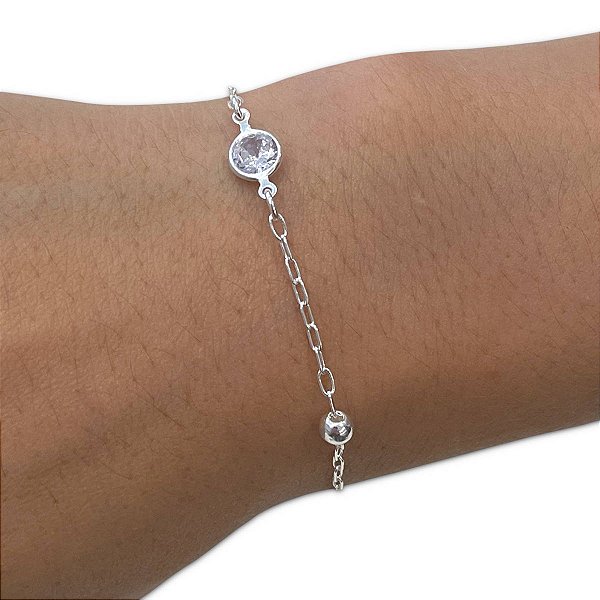 Pulseira Feminina Ponto de Luz Zircônia Bolinha Prata 925