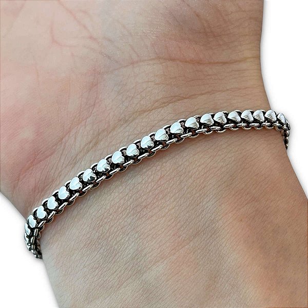 Pulseira Feminina Coração Prata Bali 925 Envelhecida Pikun