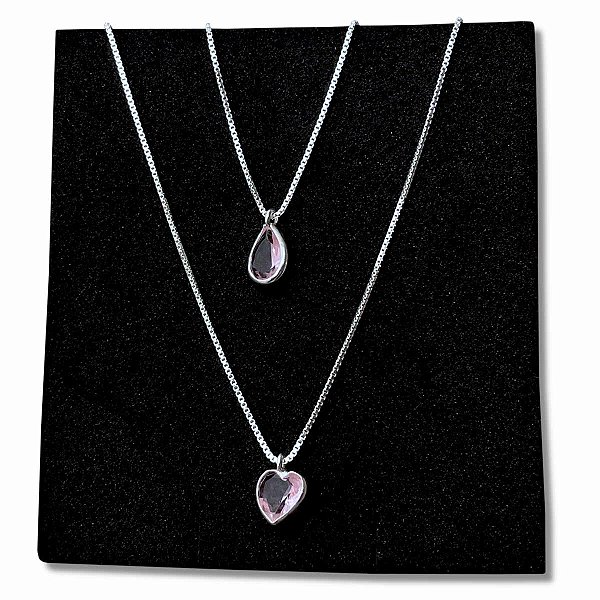 Corrente Pingente Ponto Luz Zircônia Rosa Prata 925 Legítima 45cm
