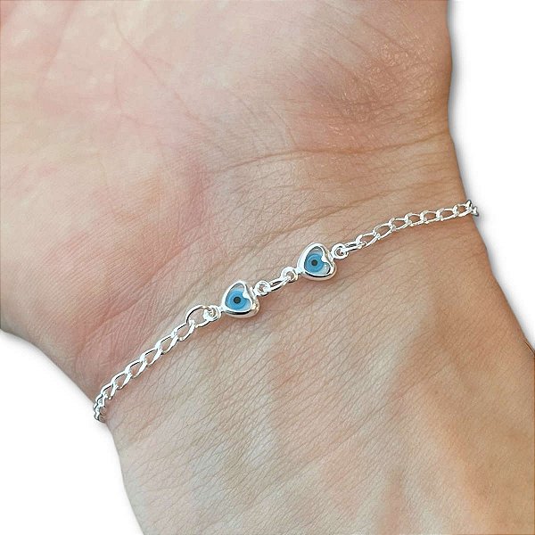 Pulseira Infantil com Olho Grego Coração Prata 925 Legítima
