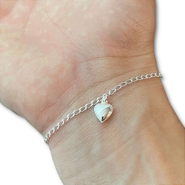 Pulseira Infantil com Pingente Coração Prata 925 Legítima