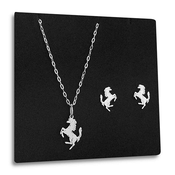 Corrente Pingente e Brinco Cavalo de Prata 925 Original 45cm