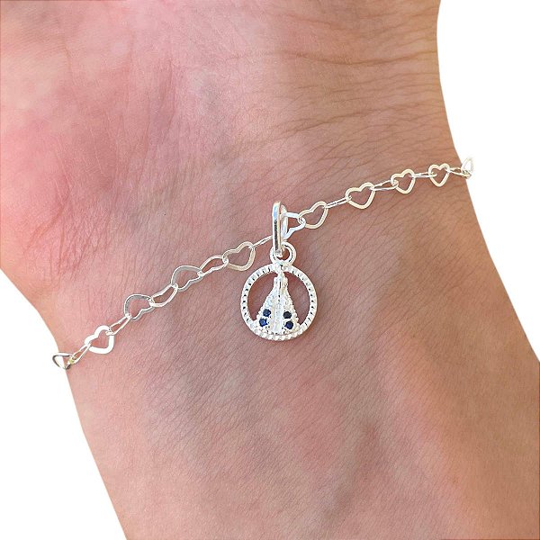 Pulseira Nossa Senhora Aparecida Elos de Corações Prata 925