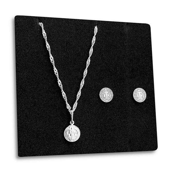 Corrente Singapura com Pingente e Brinco Medalha São Bento de Prata 925 45cm