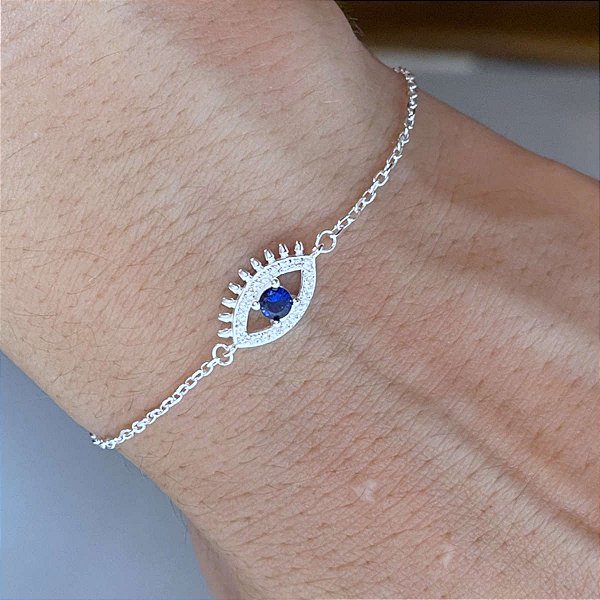 Pulseira Feminina Olho Pedra Zircônia Azul Prata 925 Maciça