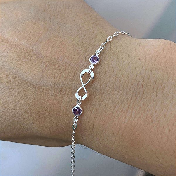Pulseira Feminina Zircônia Roxa Infinito Prata 925 Legítima