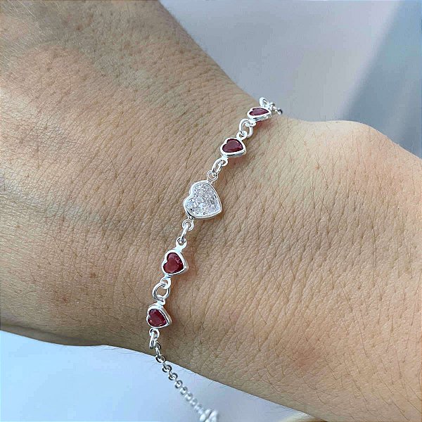 Pulseira Feminina Zircônia Rosa e Coração Prata 925 Legítima