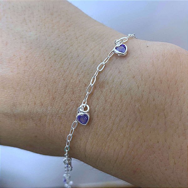 Pulseira Feminina Zircônia Coração Roxo Prata 925 Legítima