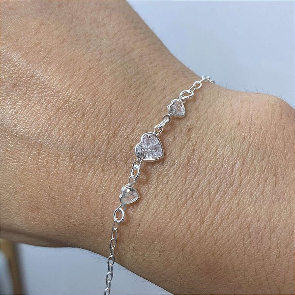 Pulseira Feminina Zircônia Coração Prata 925 Legítima Maciça