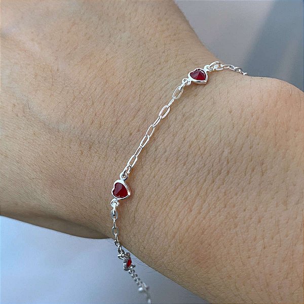 Pulseira Feminina Pedra Zircônia Coração Vermelho Prata 925