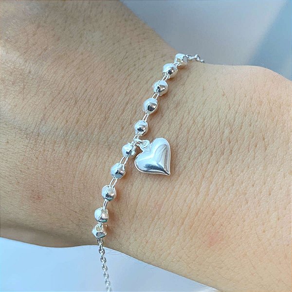Pulseira Feminina Bolinhas e Coração de Prata 925 Legítima