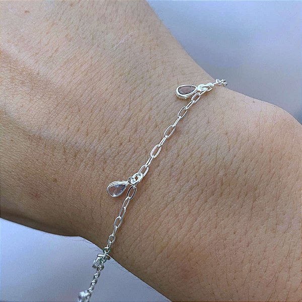Pulseira Feminina Pedra Zircônia Gota Azul Prata 925 Maciça