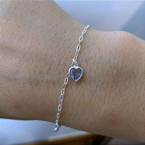 Pulseira Feminina Zircônia Azul Coração Prata 925 Legítima