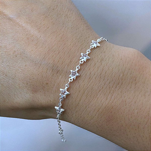 Pulseira Feminina 5 Zircônias Estrelas de Prata 925 Legítima