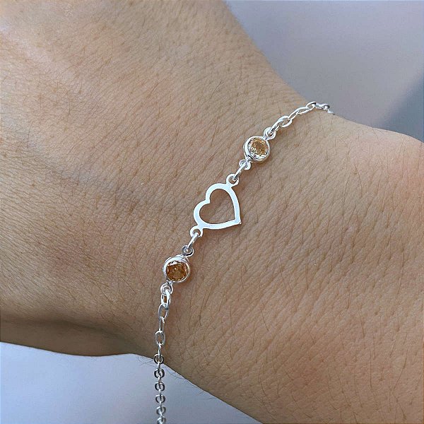 Pulseira Feminina 2 Zircônia Laranja e Coração de Prata 925