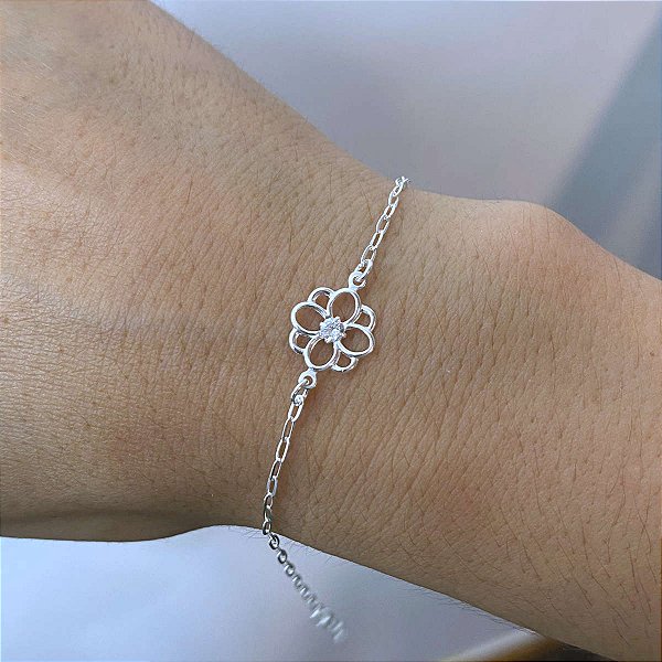 Pulseira Feminina Flor com Pedra Zircônia Prata 925 Legítima
