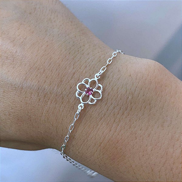 Pulseira Feminina Flor com Zircônia Rosa Prata 925 Legítima