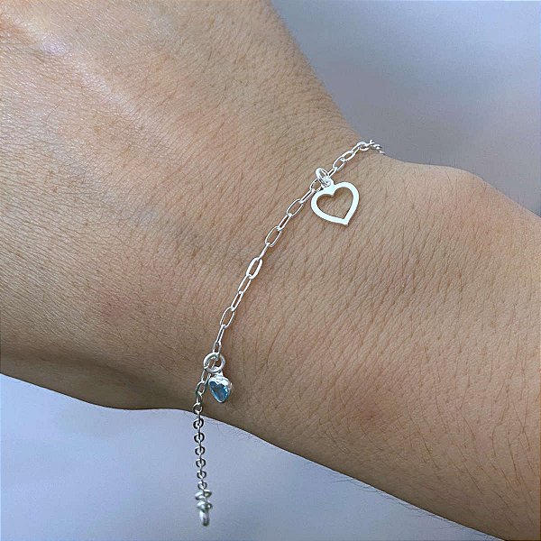 Pulseira Feminina Zircônia Azul e Coração Prata 925 Legítima