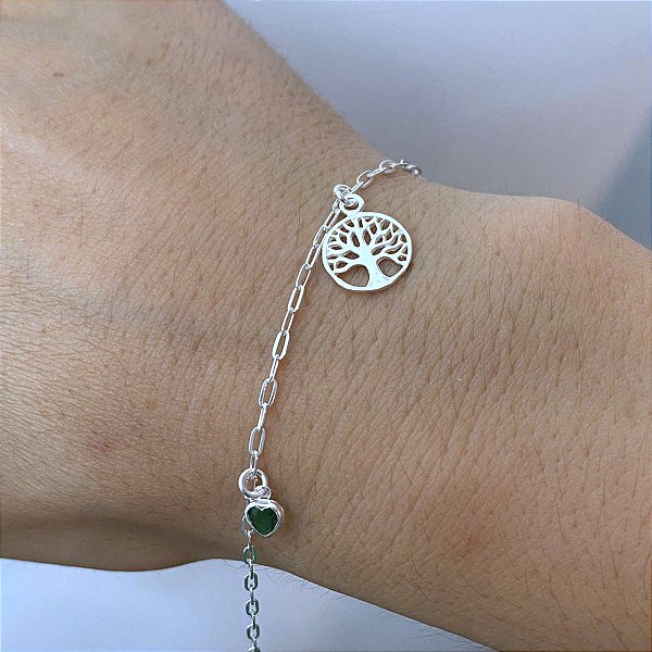 Pulseira Zircônias Coração Verdes e Árvore da Vida Prata 925