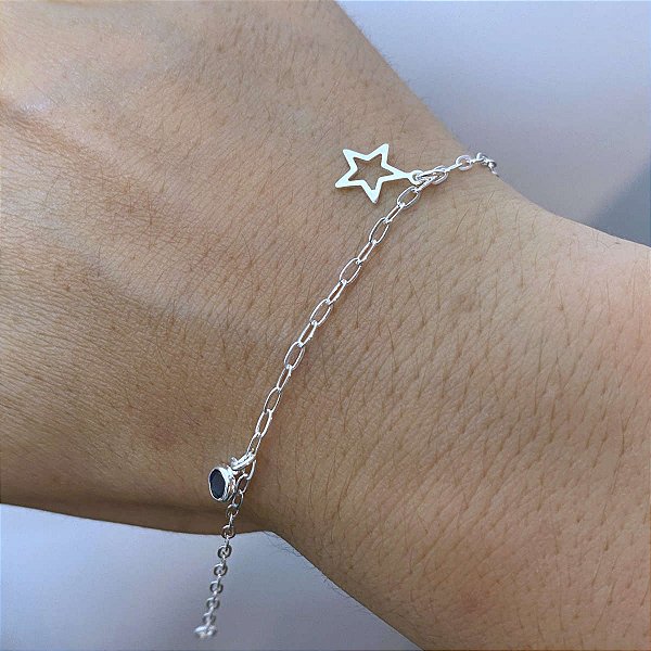 Pulseira Feminina Zircônia Azul e Estrela Prata 925 Legítima