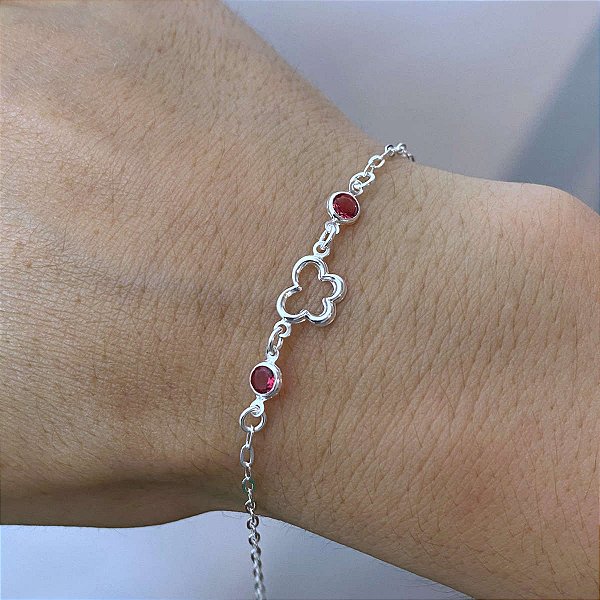 Pulseira Zircônia Rosa e Borboleta Prata 925 Maciça Original