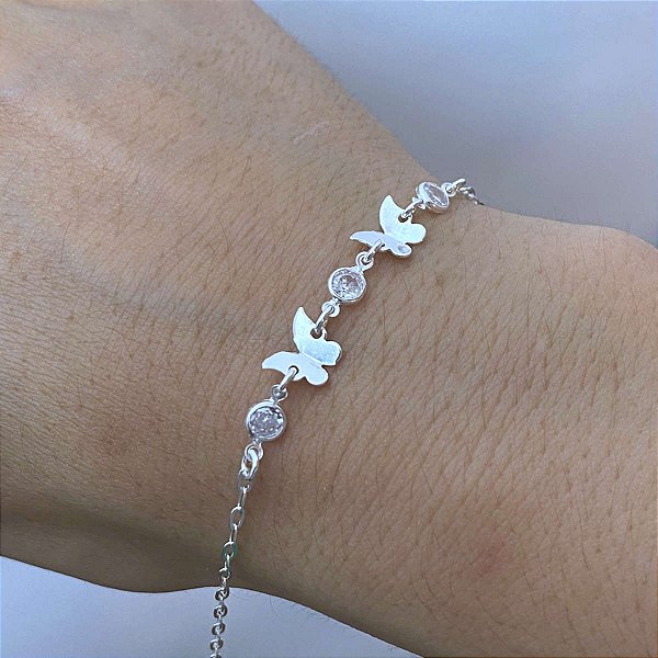 Pulseira Feminina Zircônia e Borboleta de Prata 925 Legítima