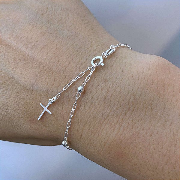 Pulseira Feminina Bolinha Crucifixo Cruz Prata 925 Legítima