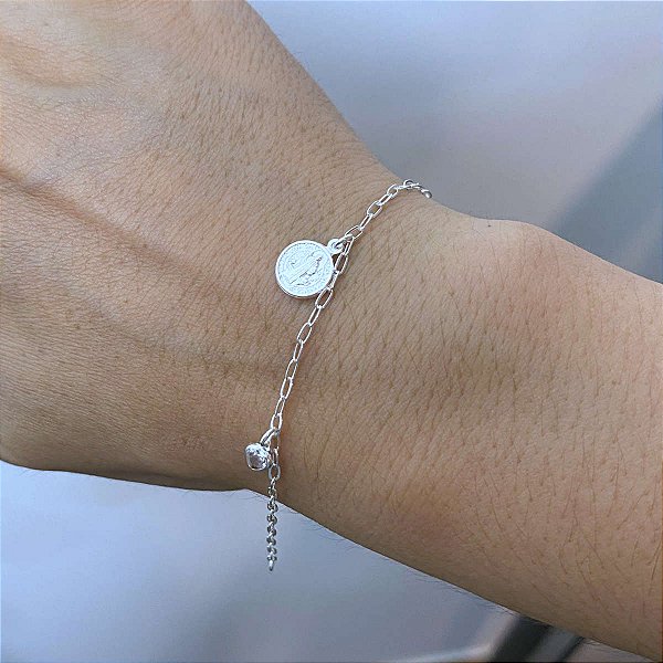 Pulseira Feminina 2 Zircônia Coração com São Bento Prata 925