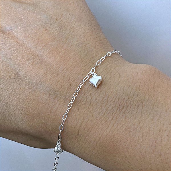 Pulseira Feminina 2 Zircônias e 1 Coração Prata 925 Legítima
