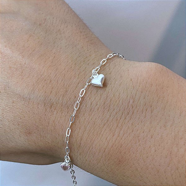 Pulseira Feminina 2 Zircônias Rosa e 1 Coração de Prata 925