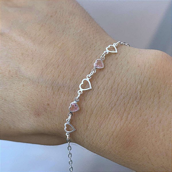 Pulseira Feminina 2 Zircônias e 3 Coração Prata 925 Legítima