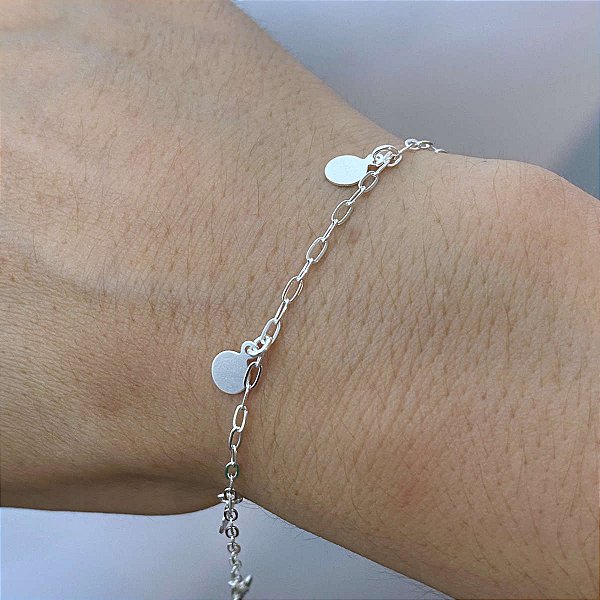 Pulseira Feminina com Pingentes Medalha Prata 925 Legítima