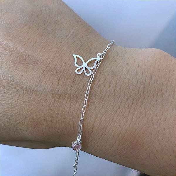 Pulseira Feminina Zircônia Rosa Borboleta Prata 925 Legítima