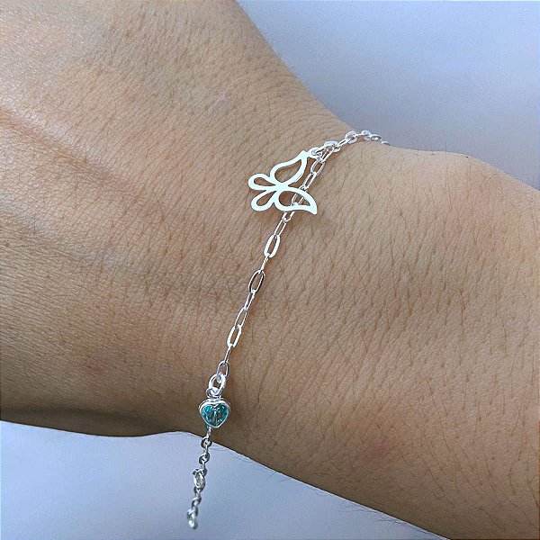 Pulseira Feminina Zircônia Azul Borboleta Prata 925 Legítima