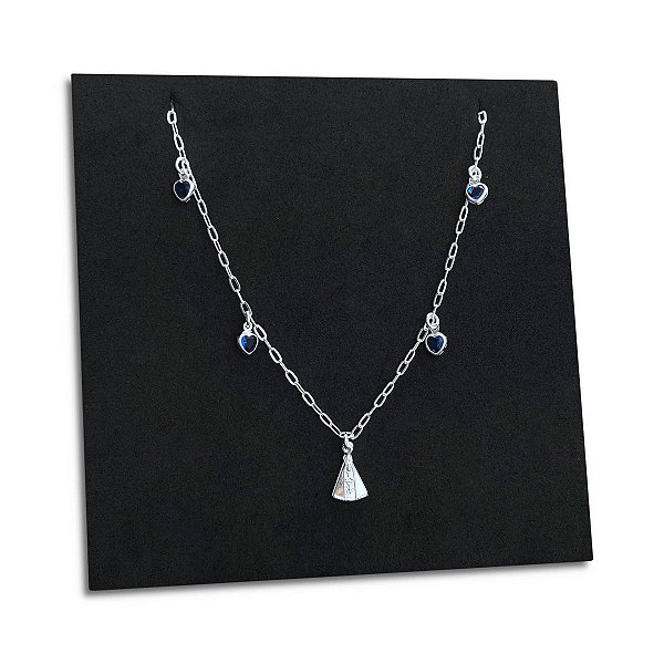 Corrente Zircônia Azul e Nossa Senhora Aparecida Prata 925