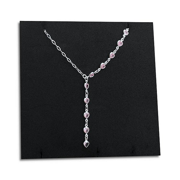 Corrente Feminina Zircônia Rosa Coração Prata 925 Legítima