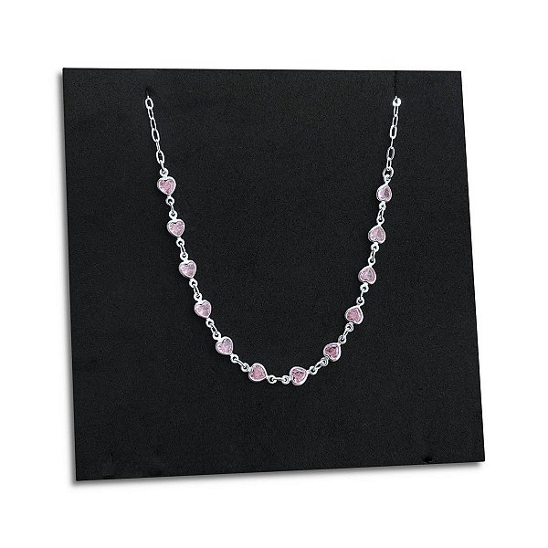 Corrente Feminina Pedra Zircônia Rosa Coração de Prata 925