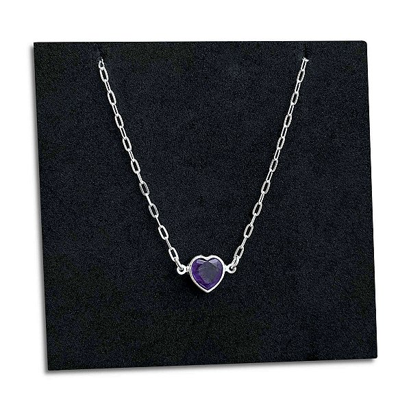 Corrente Feminina Pingente Coração Zircônia Roxo Prata 925