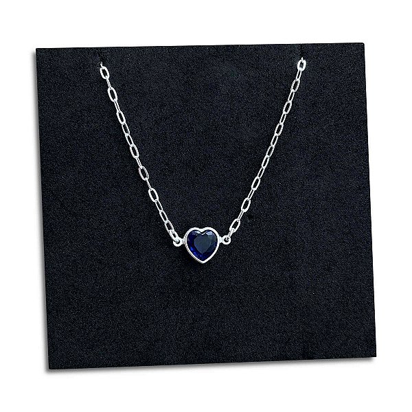 Corrente Feminina Pingente Coração Zircônia Azul Prata 925