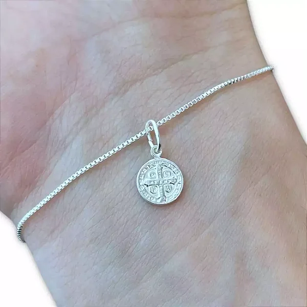 Pulseira Feminina com Pingente Medalha São Bento Prata 925