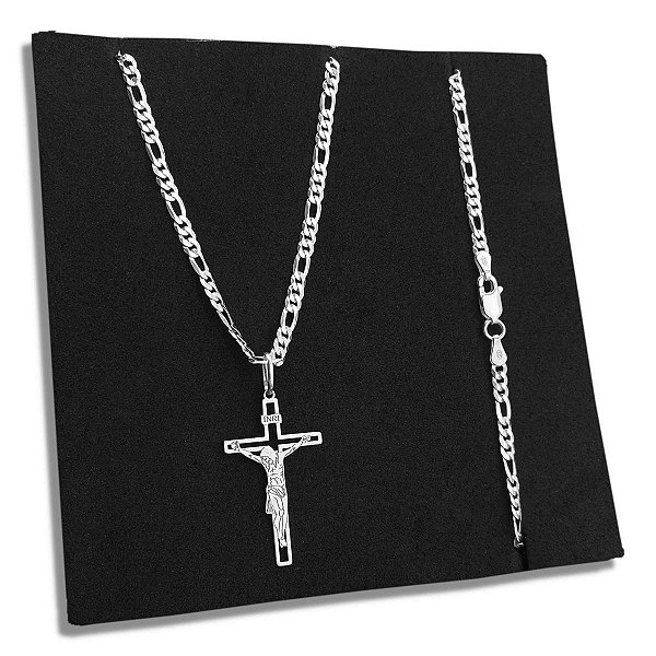 Corrente 3x1 3mm e Pingente Crucifixo Jesus Cristo Prata 925
