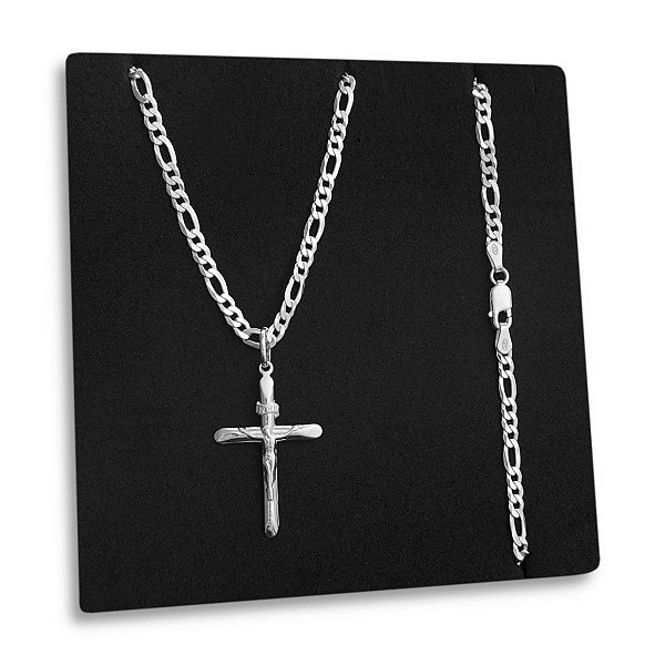 Corrente 3x1 3mm Pingente Crucifixo Jesus Cristo Prata 925