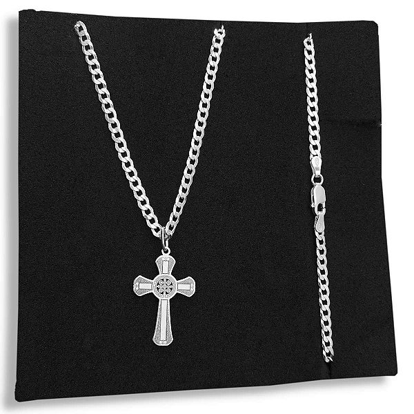 Corrente Grumet 3mm e Pingente Crucifixo São Bento Prata 925