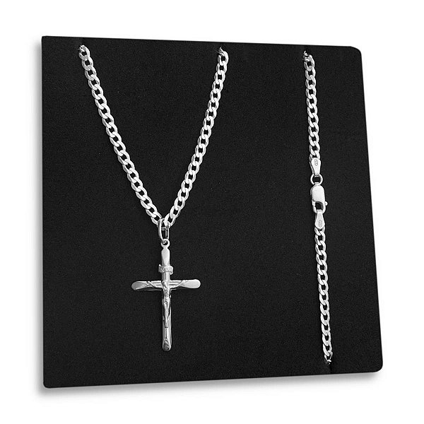 Corrente Grumet 3mm Pingente Crucifixo Jesus Cristo Prata 925