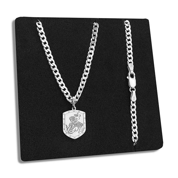 Corrente Grumet 3mm e Pingente Escudo São Jorge Prata 925