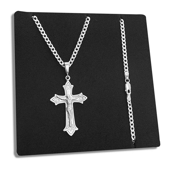 Corrente Grumet 3mm e Cruz Jesus Cristo Prata 925 Original