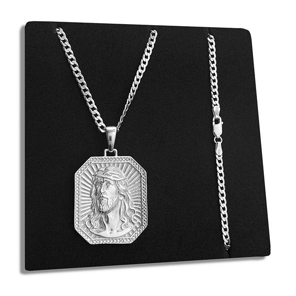 Corrente Grumet 3mm e Pingente Face Jesus Cristo Prata 925