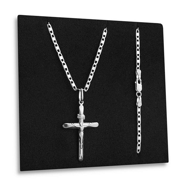 Corrente Piastrine Lacre 2mm Crucifixo Jesus Cristo Prata 925