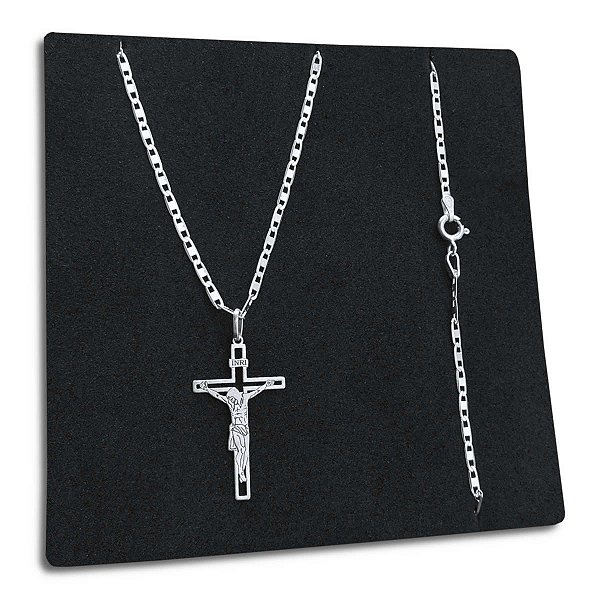 Corrente Piastrine Lacre 2mm Crucifixo Jesus Cristo Prata 925