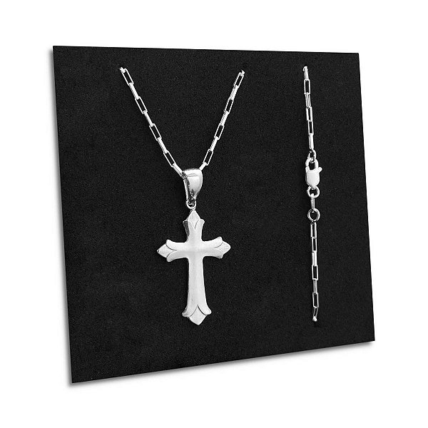 Corrente Tijolinho com Crucifixo Prata 925 Legítima Original